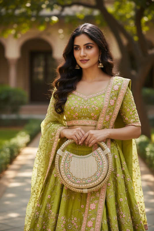 Beaded pearl ring bag with intricate hand embroidery on velvet, designer circular clutch with sling chain