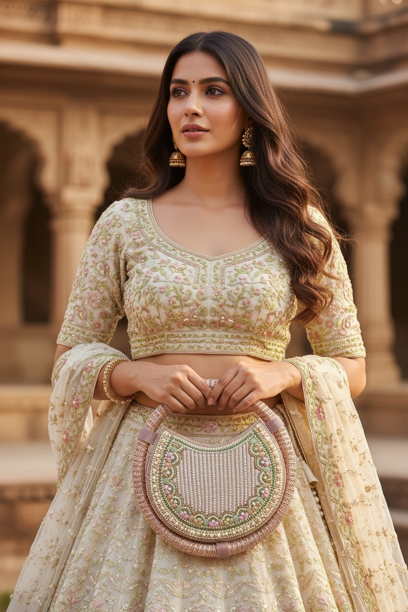 Circular beaded handbag with pearl detailing, luxury ethnic clutch for wedding and festive styling