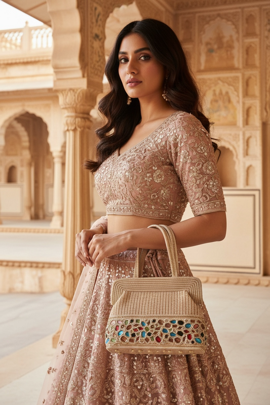 Hand-embroidered seed bead handbag with colorful stone border and twin embroidered handles.