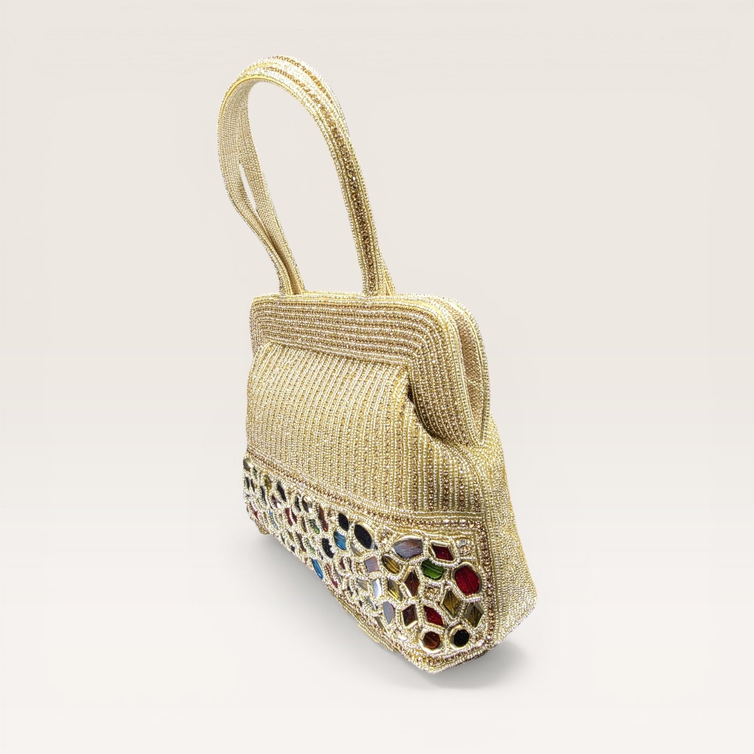 Hand-embroidered seed bead handbag with colorful stone border and twin embroidered handles.