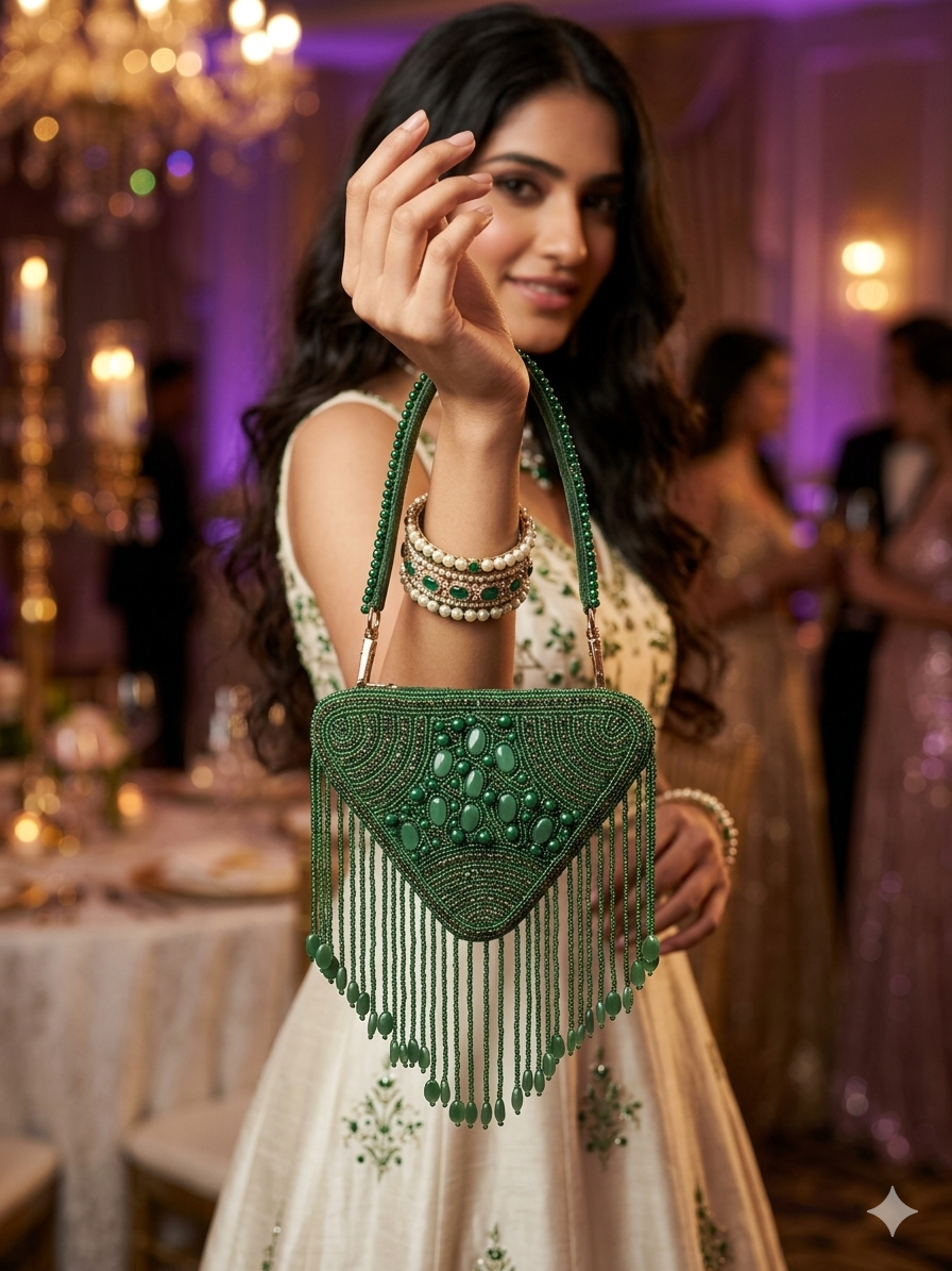 Hand-embroidered triangle mini bag in premium velvet featuring a front panel of pearls, stones, diamonds, and seed beads with rhythmic bead tassels. This geometric evening clutch includes a secure zip closure, a detailed pearl-work back, and a detachable hand-embroidered handle.