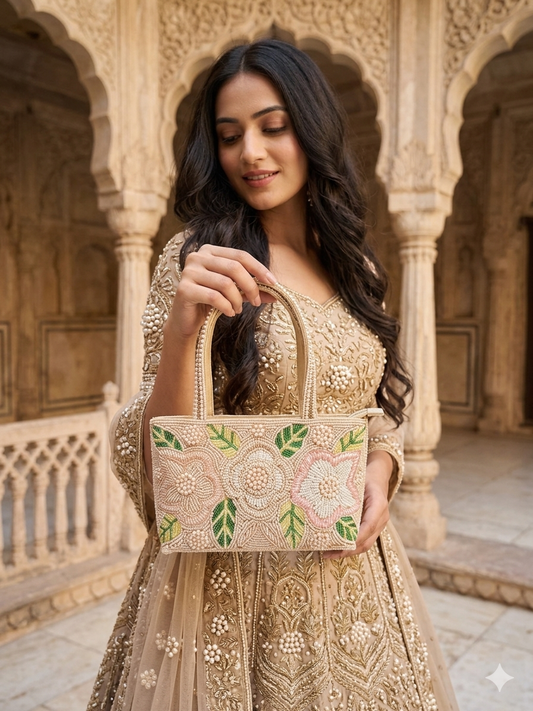 Hand-embroidered bucket bag with colorful floral beadwork and twin handles on a velvet base.