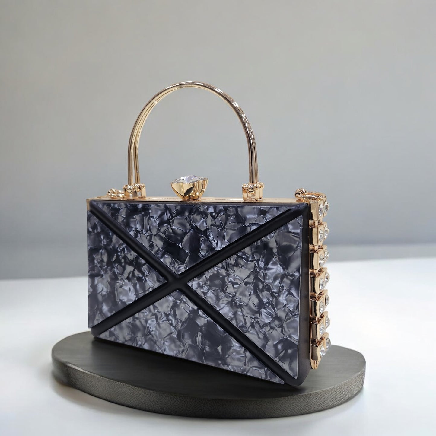 Marble Jewel Black Box Clutch