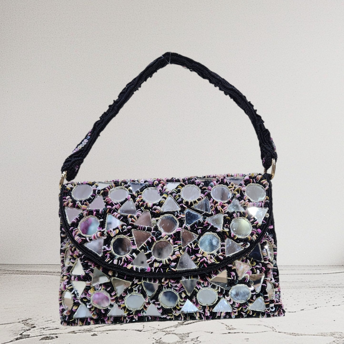 Aabha Mirrored Black Flapover Bag