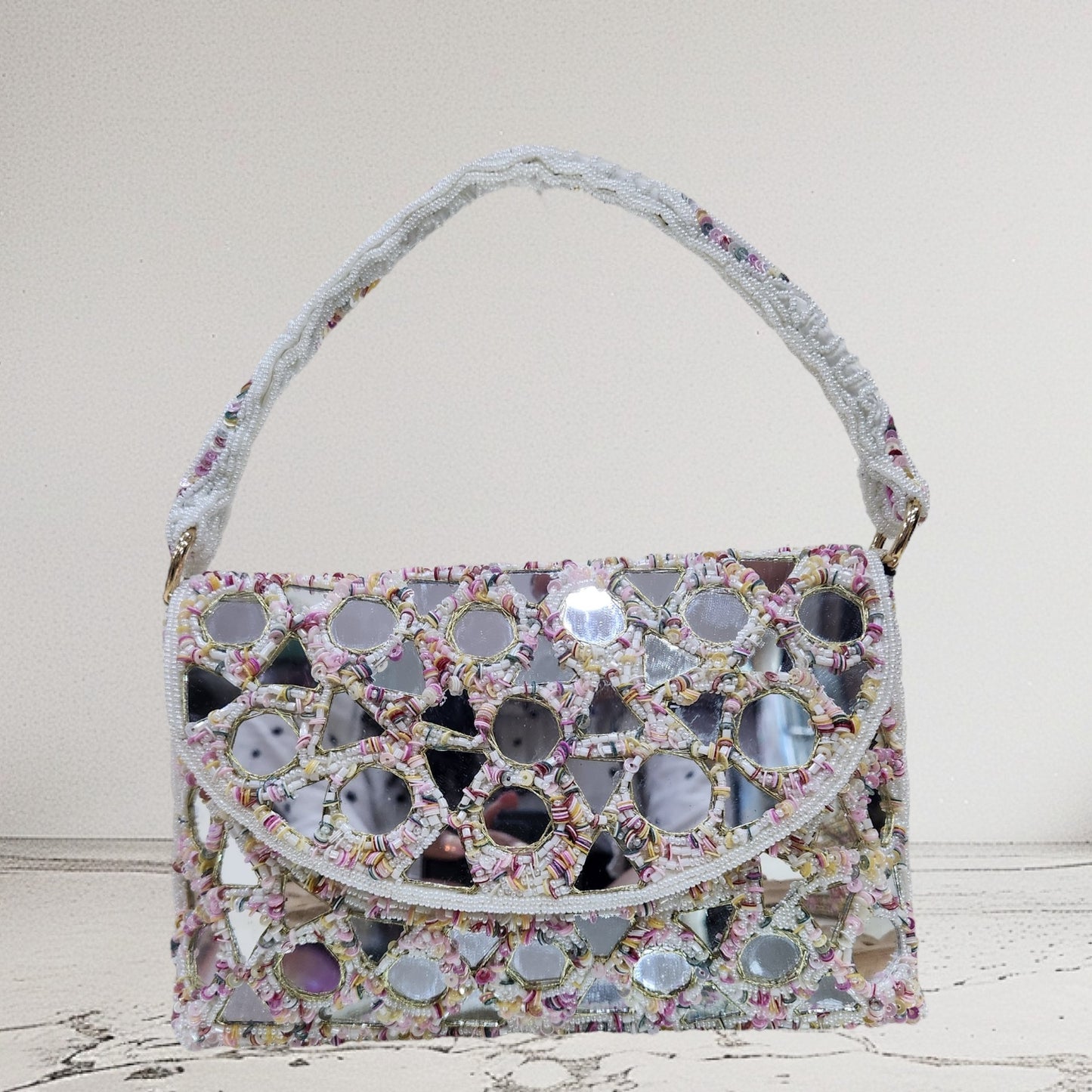 Aabha Mirrored White Flapover Bag