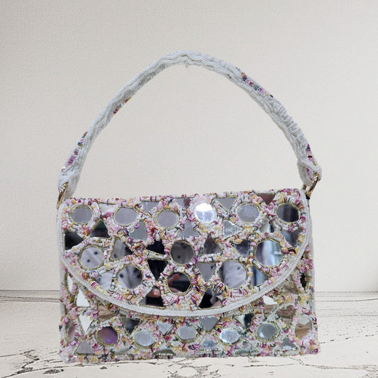 Aabha Mirrored White Flapover Bag