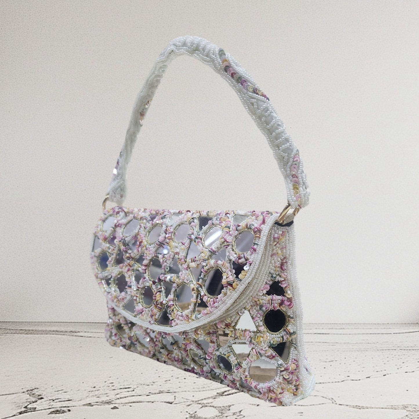 Aabha Mirrored White Flapover Bag