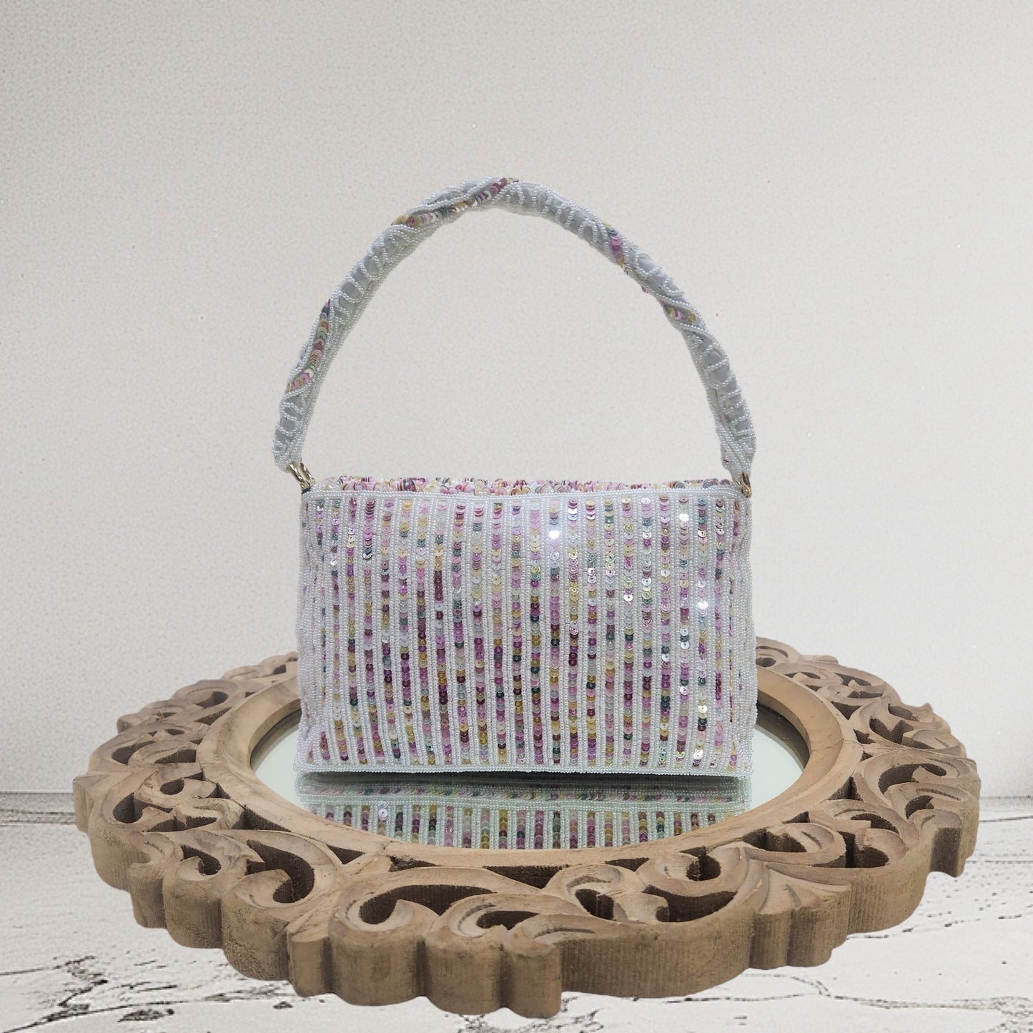 Aabha Mirrored White Flapover Bag