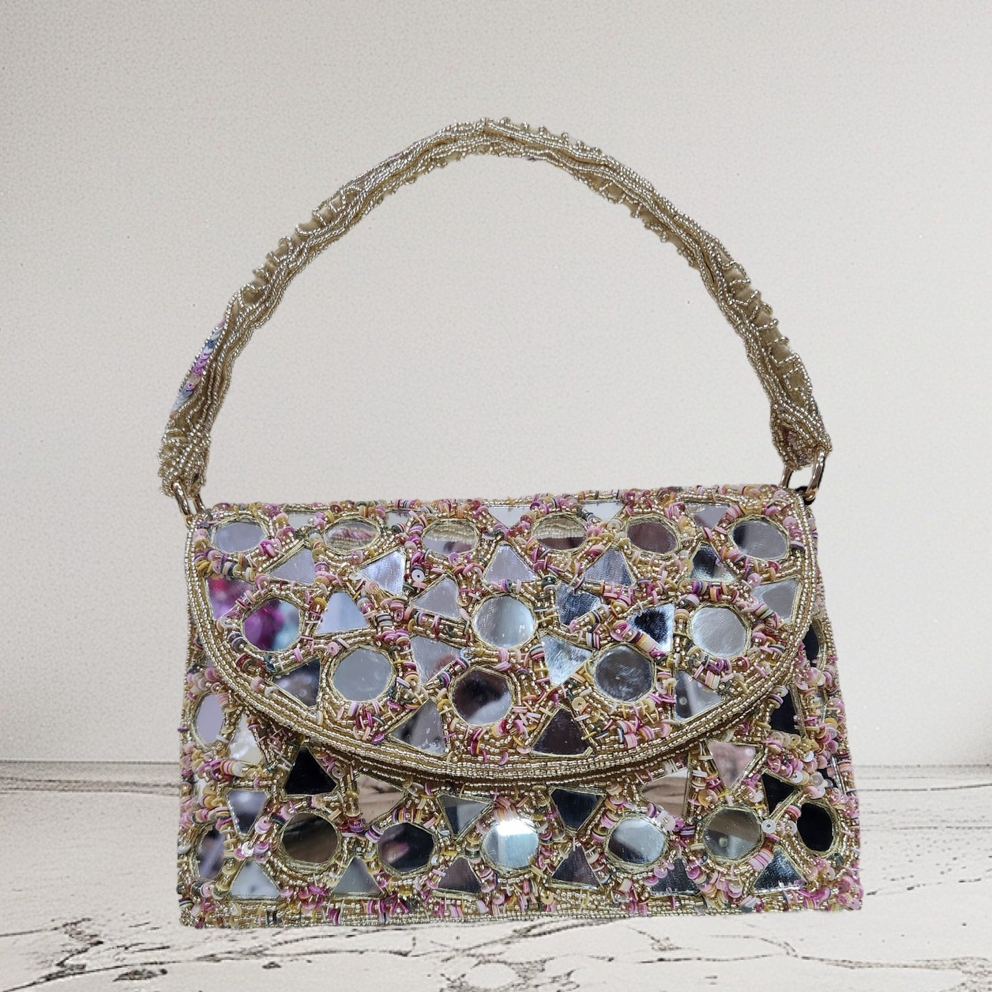 Aabha Mirrored Gold Flapover Bag