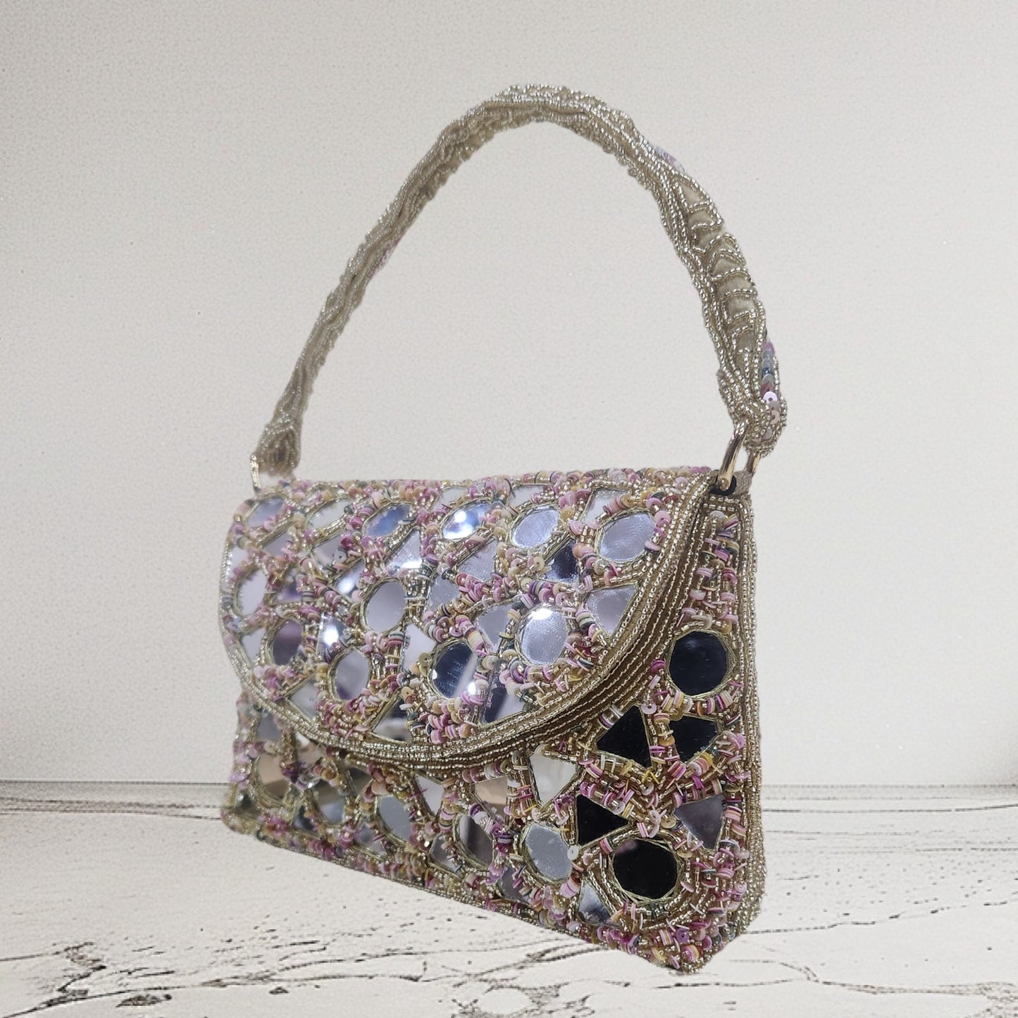 Aabha Mirrored Gold Flapover Bag