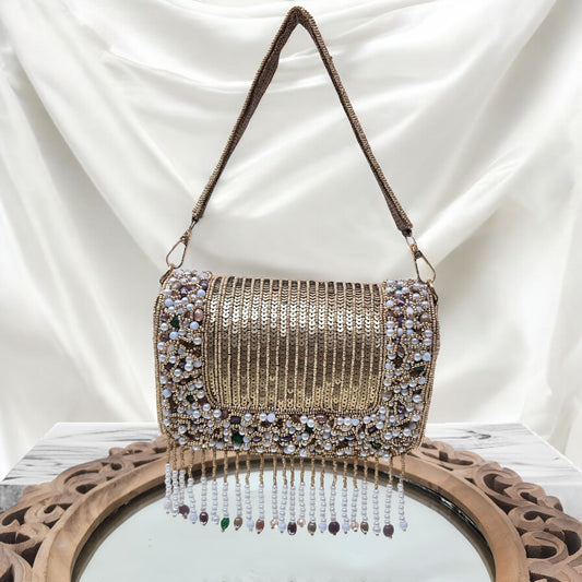 Amayra Sequined Antique Gold Flapover Box Bag