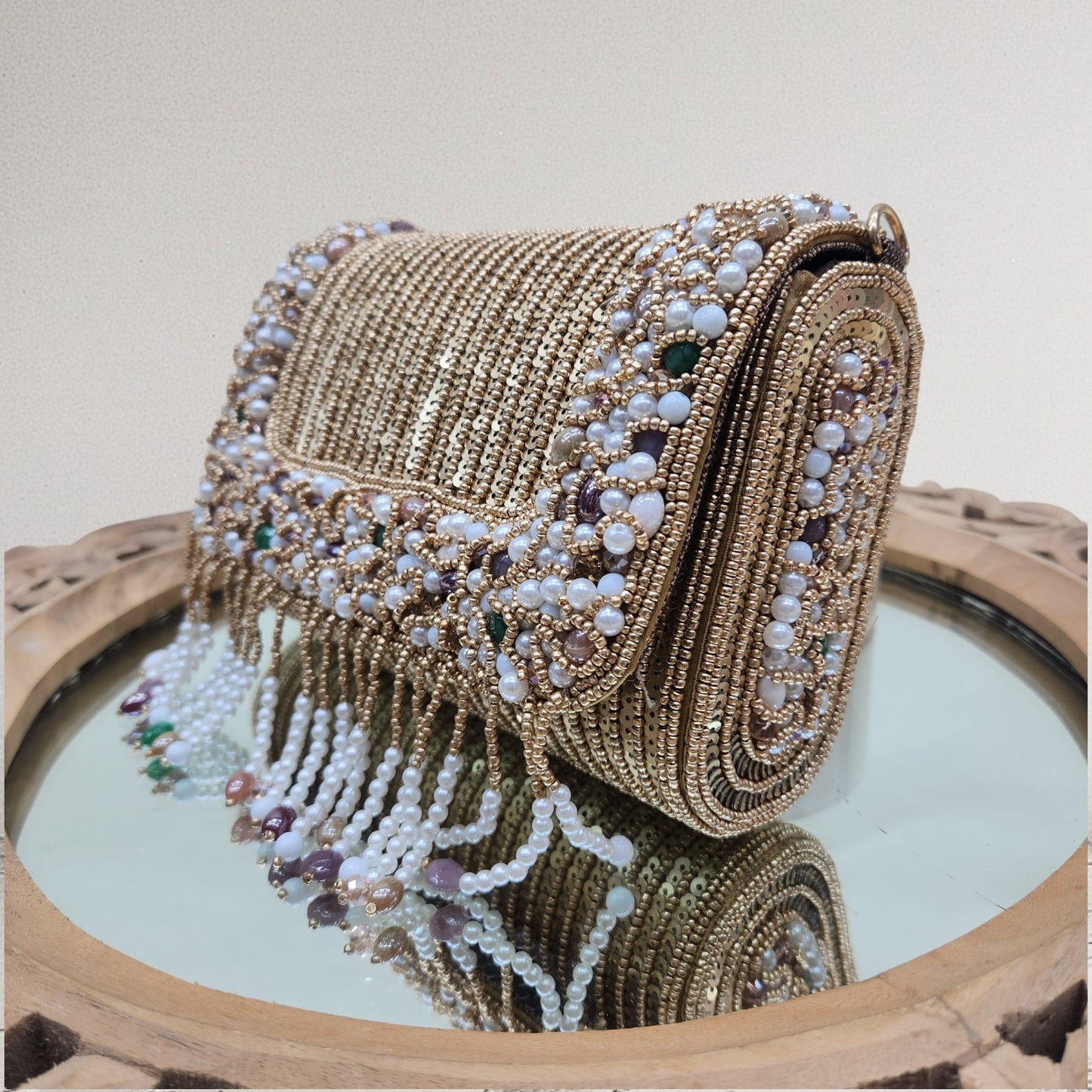 Amayra Sequined Antique Gold Flapover Box Bag