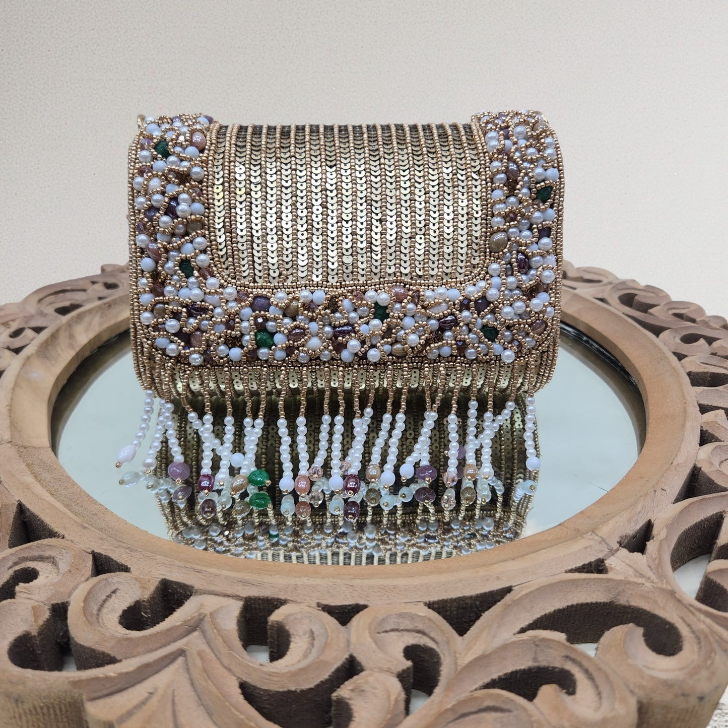 Amayra Sequined Antique Gold Flapover Box Bag