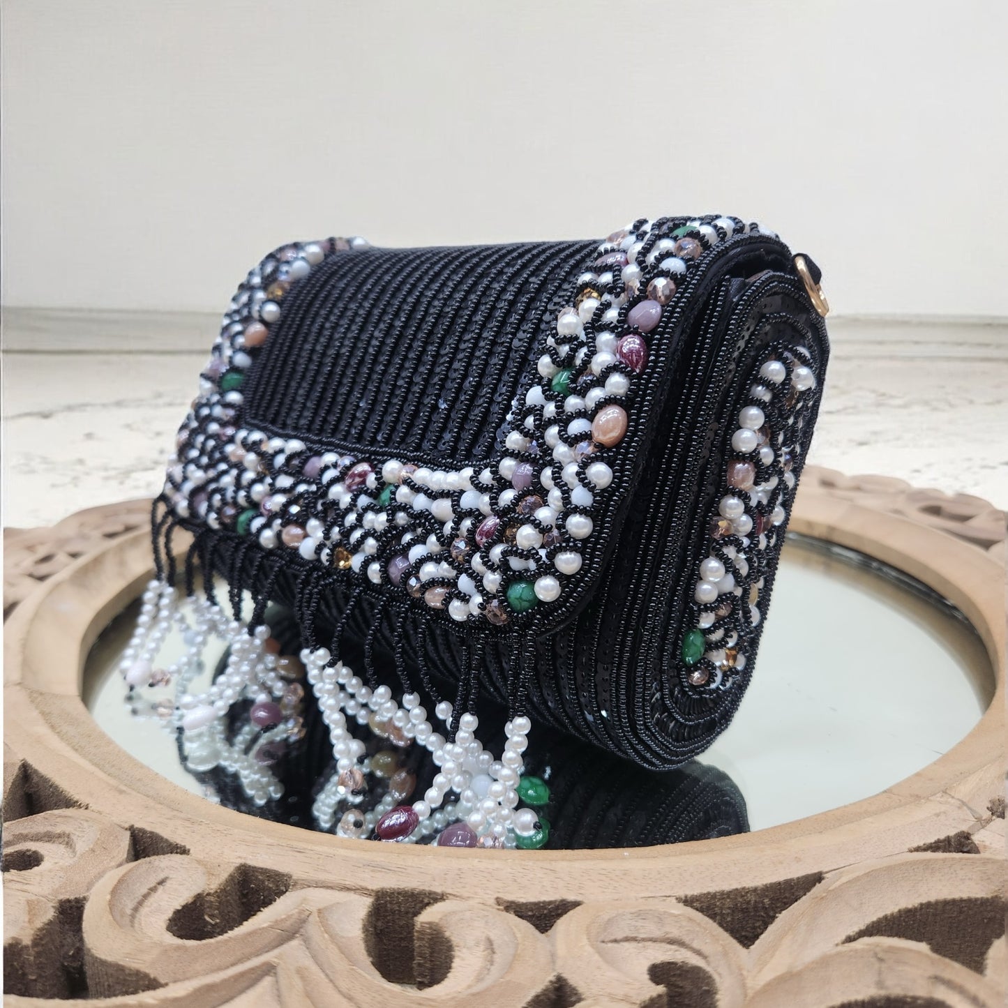 Amayra Sequined Black Flapover Box Bag