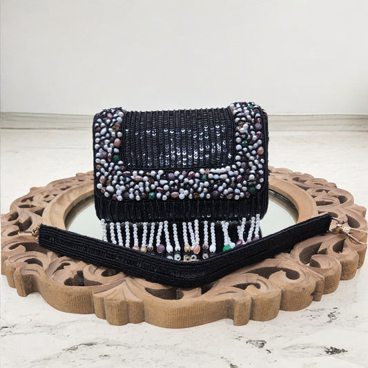 Amayra Sequined Black Flapover Box Bag