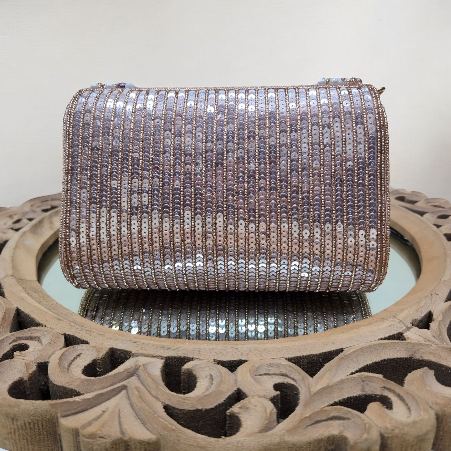 Amayra Sequined Rose Gold Flapover Box Bag