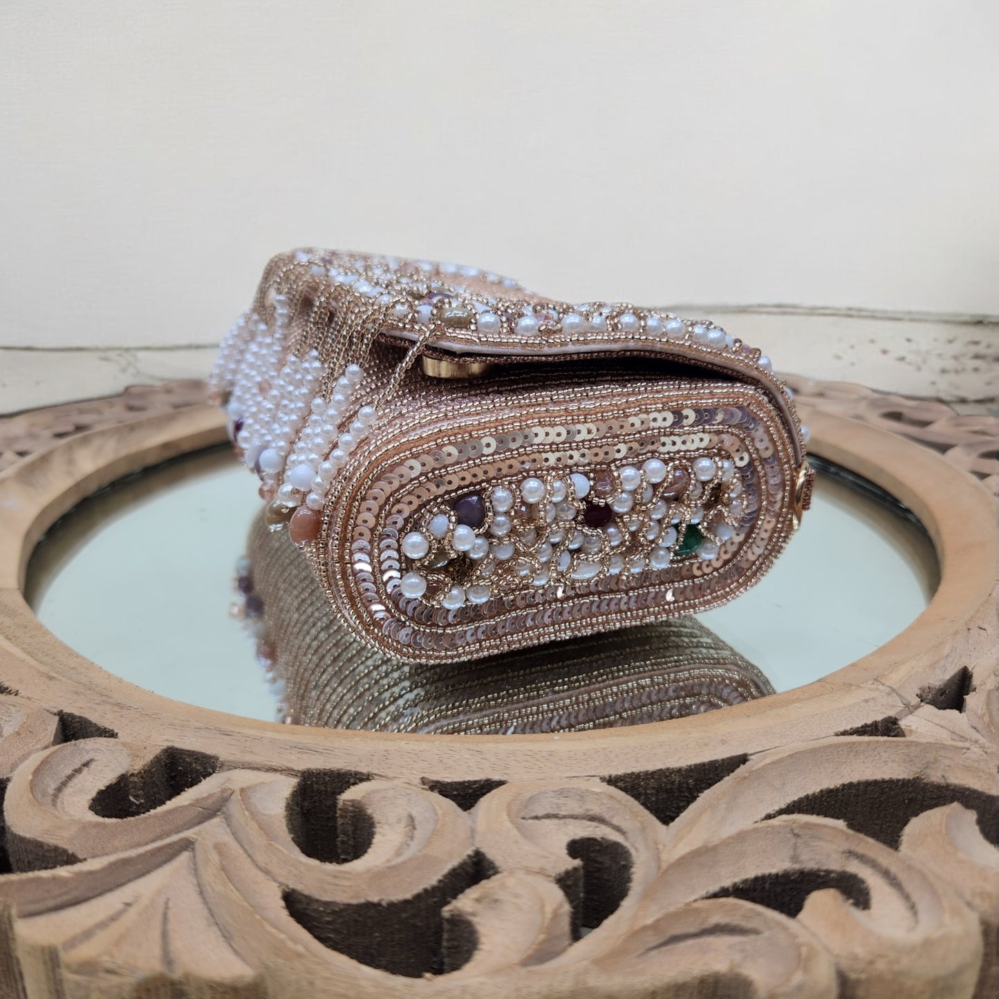Amayra Sequined Rose Gold Flapover Box Bag