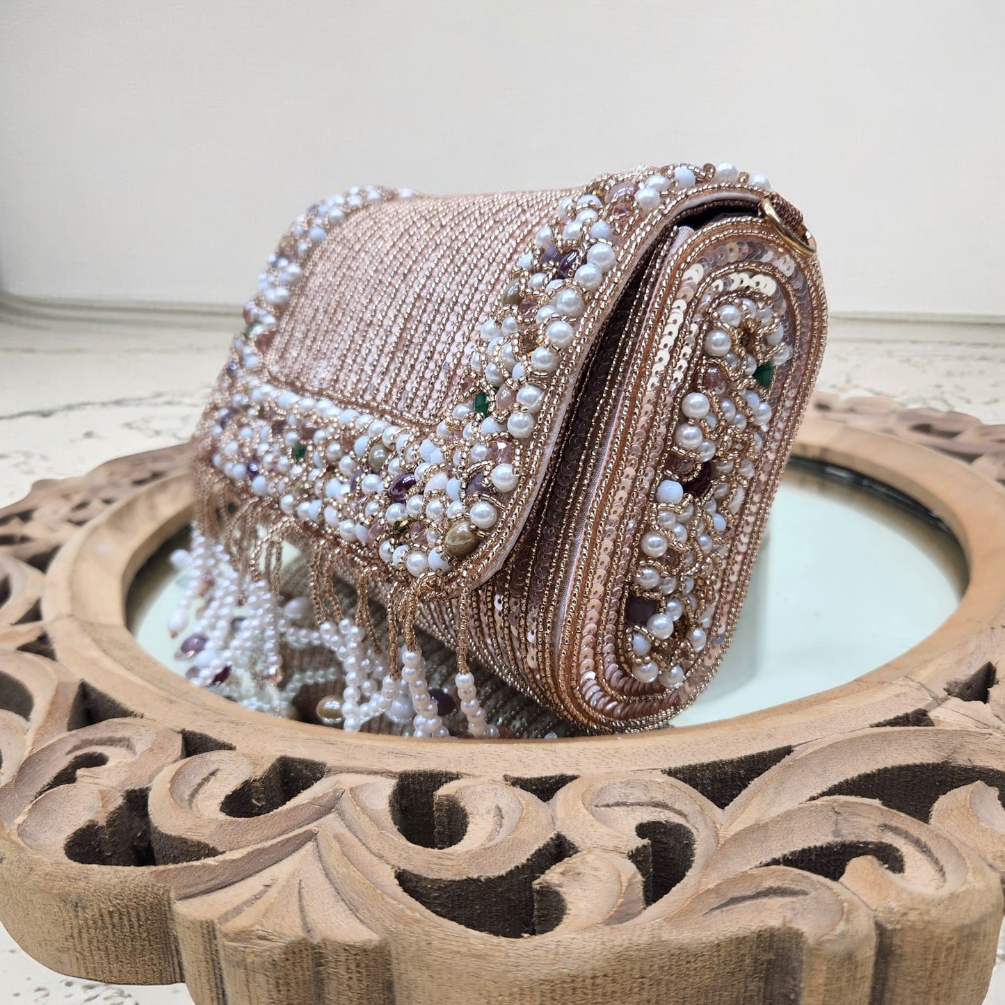 Amayra Sequined Rose Gold Flapover Box Bag