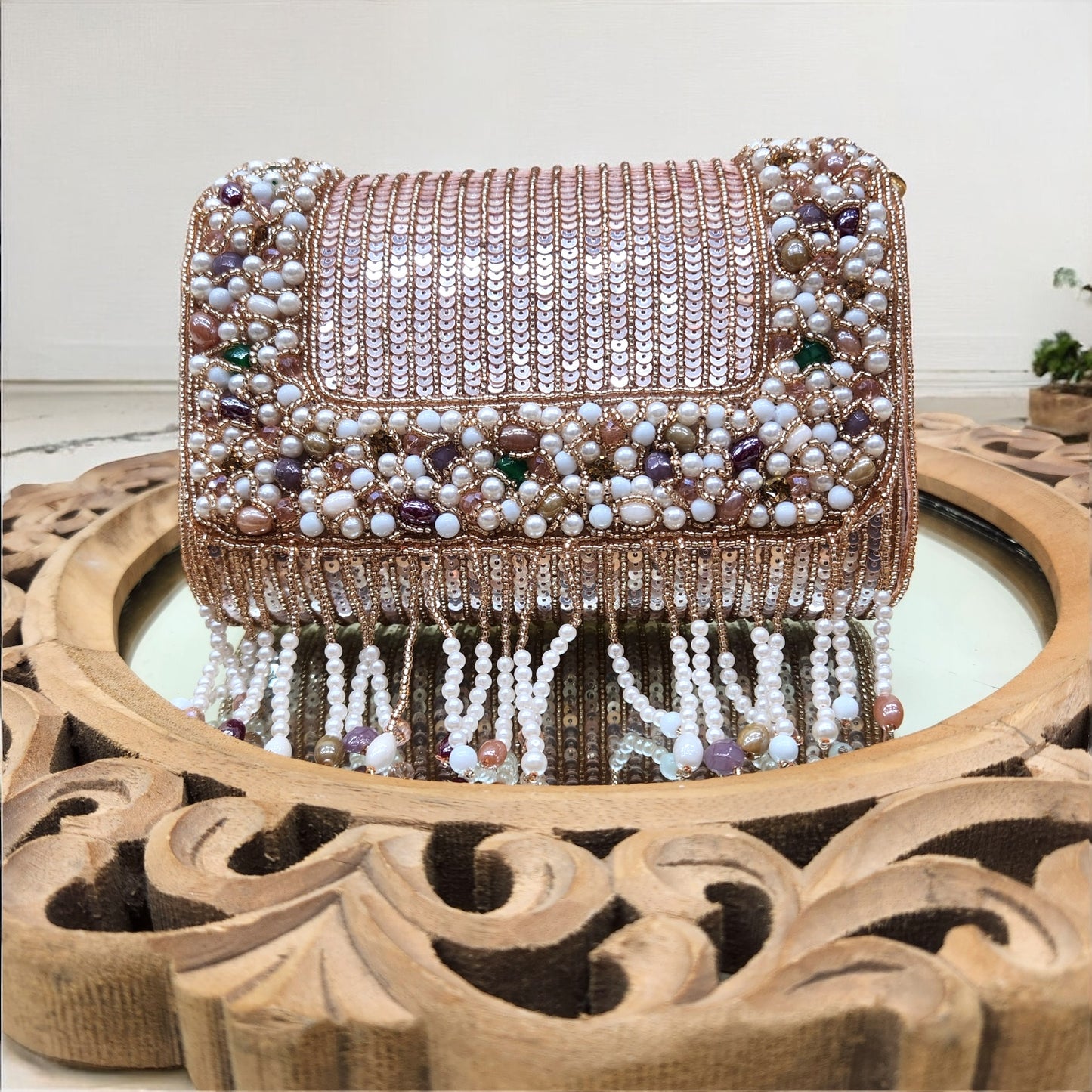 Amayra Sequined Rose Gold Flapover Box Bag