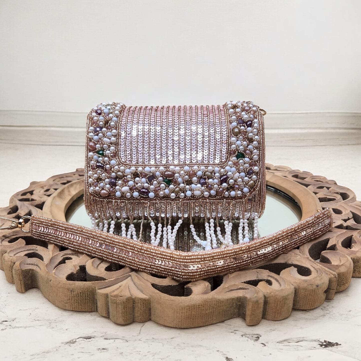 Amayra Sequined Rose Gold Flapover Box Bag