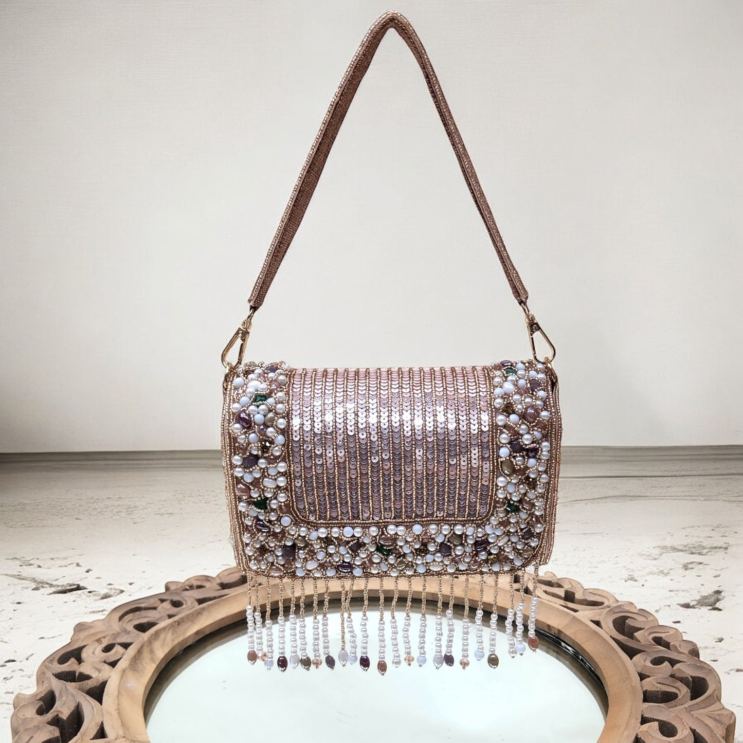 Amayra Sequined Rose Gold Flapover Box Bag