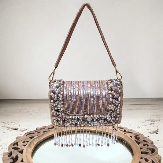 Amayra Sequined Rose Gold Flapover Box Bag