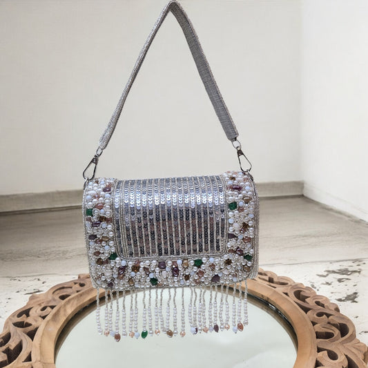 Amayra Sequined Silver Flapover Box Bag