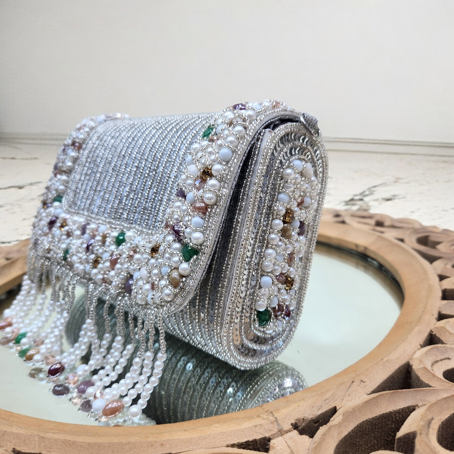 Amayra Sequined Silver Flapover Box Bag