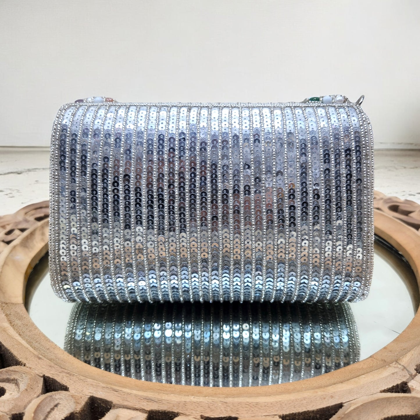 Amayra Sequined Silver Flapover Box Bag