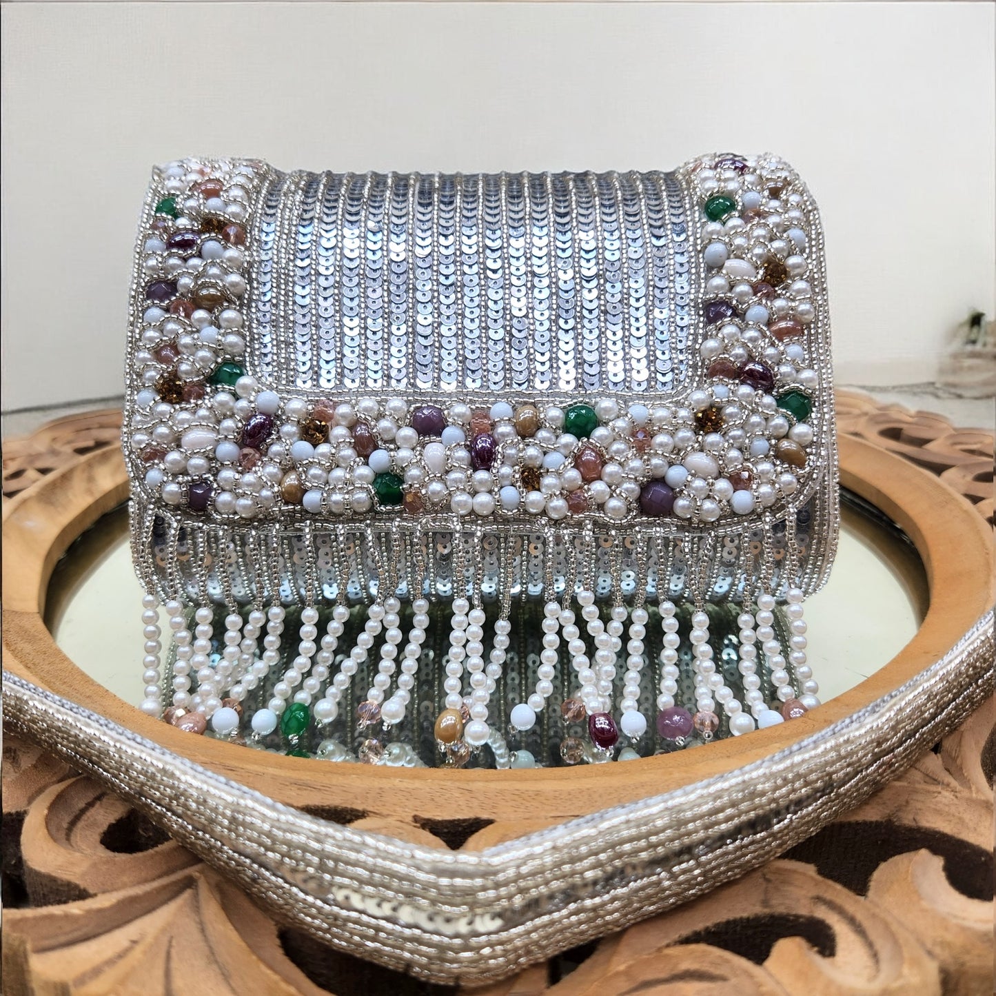 Amayra Sequined Silver Flapover Box Bag