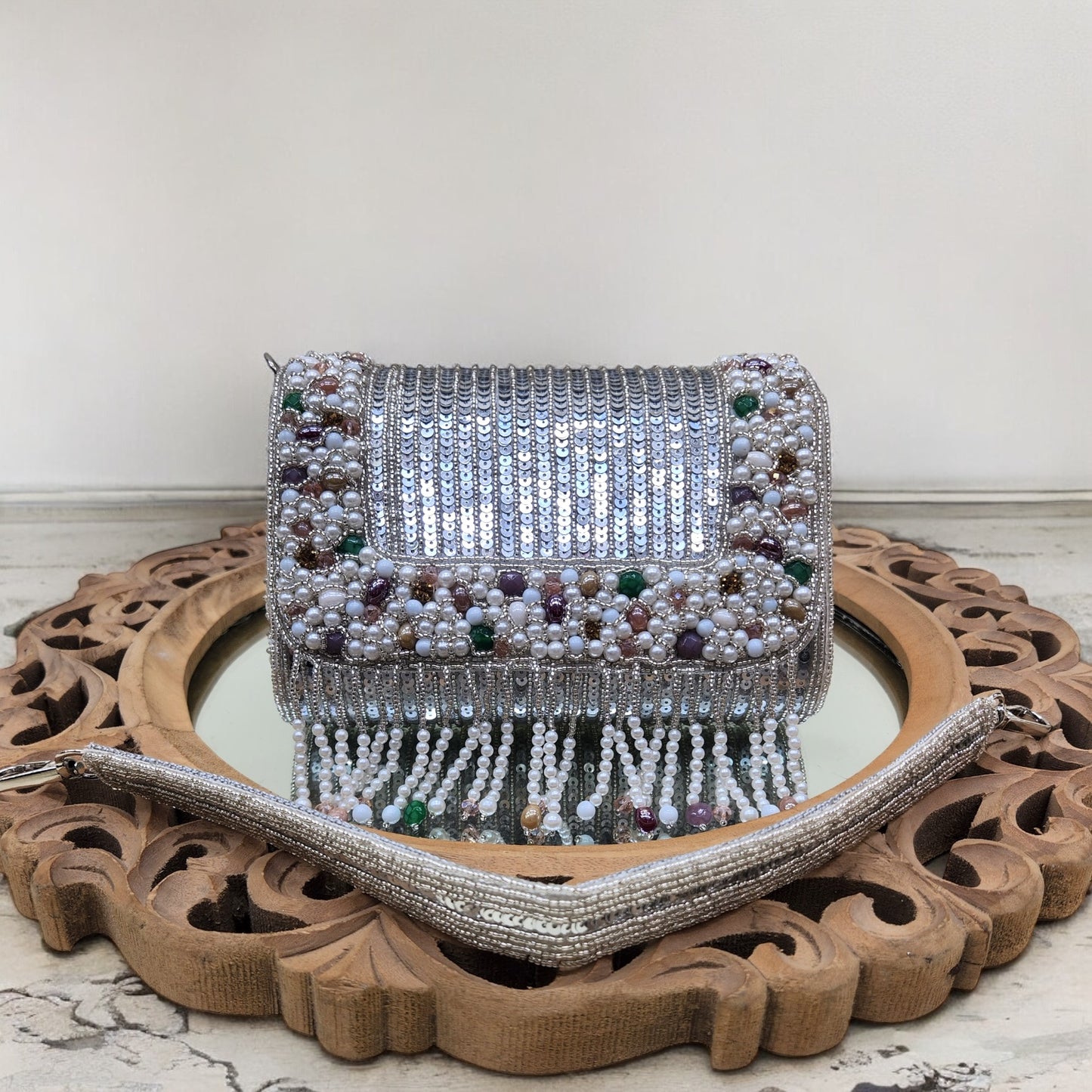 Amayra Sequined Silver Flapover Box Bag