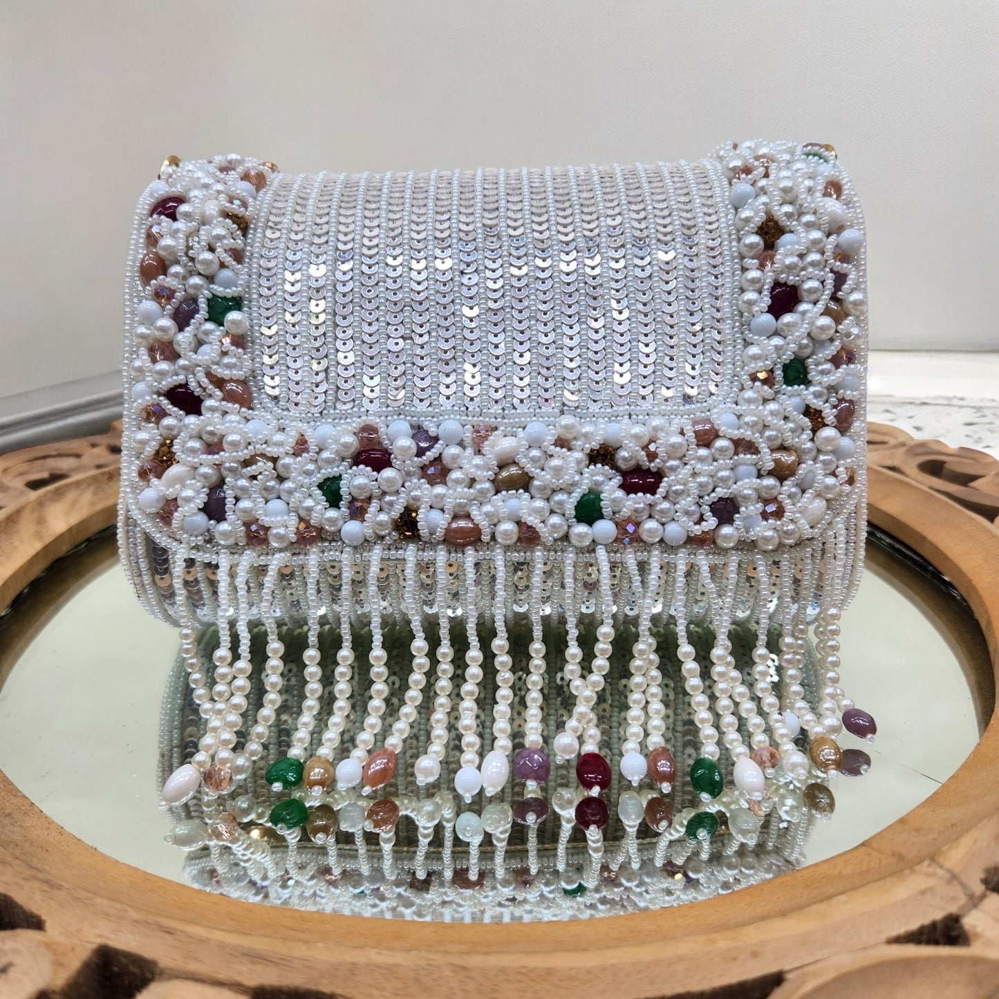 Amayra Sequined White Flapover Box Bag