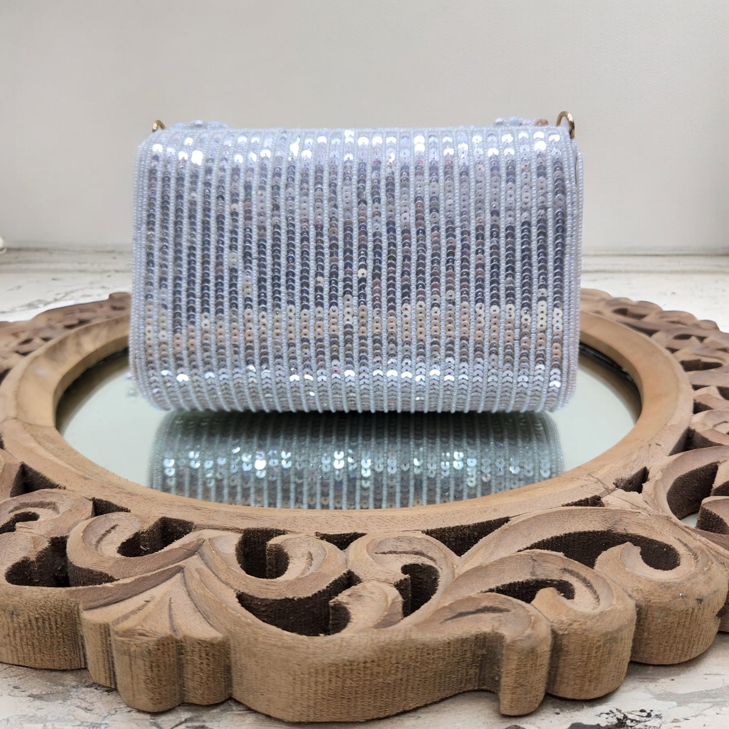 Amayra Sequined White Flapover Box Bag