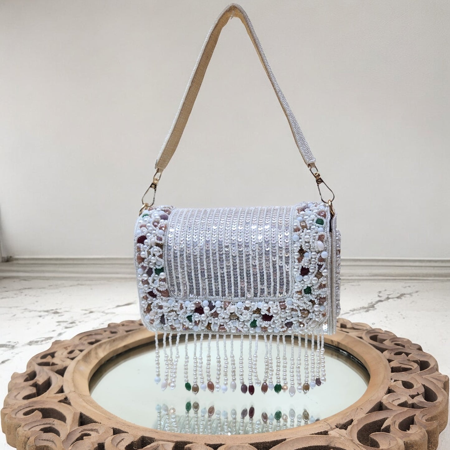 Amayra Sequined White Flapover Box Bag