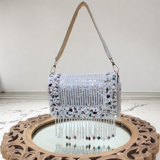 Amayra Sequined White Flapover Box Bag
