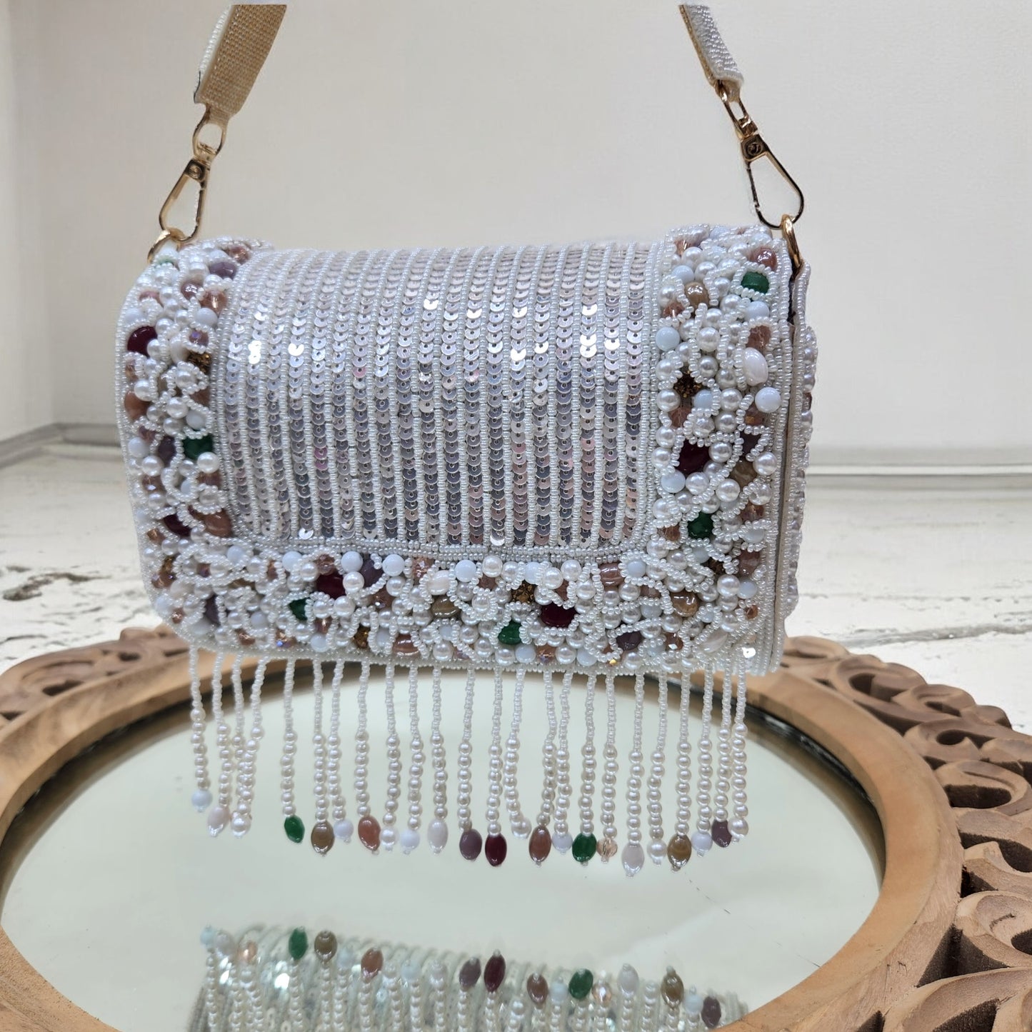 Amayra Sequined White Flapover Box Bag