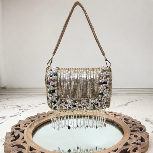Amayra Sequined Gold Flapover Box Bag