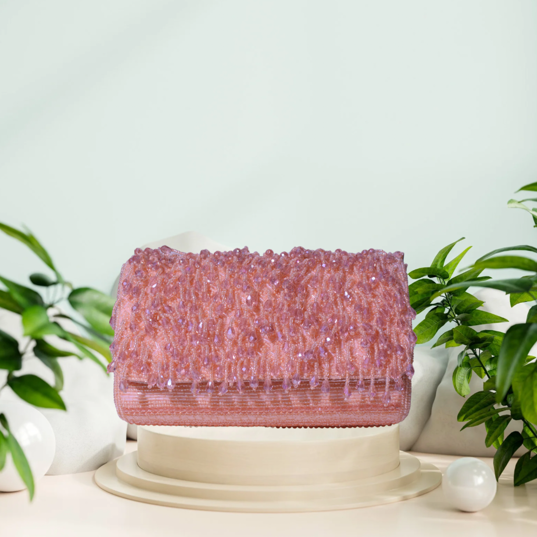 Reverie Beaded Rose Gold FlapOver Clutch Bag
